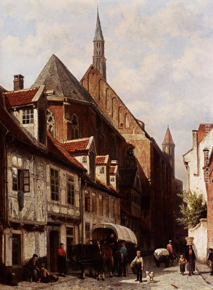 Cornelis Springer A Busy Street In Bremen With The Saint Johann Church In The Background